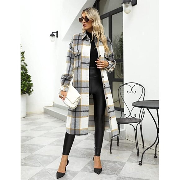 𝅺CASUAL Grey Plaid Button Down Long Puff Sleeve Trench Coat Jacket Shacket Wool - Picture 1 of 9